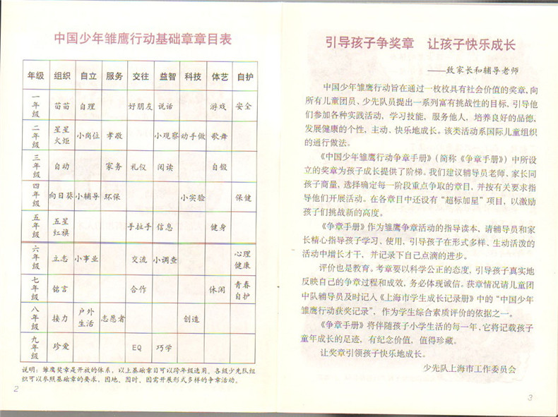 中国少年雏鹰行动争章手册一年级1年级