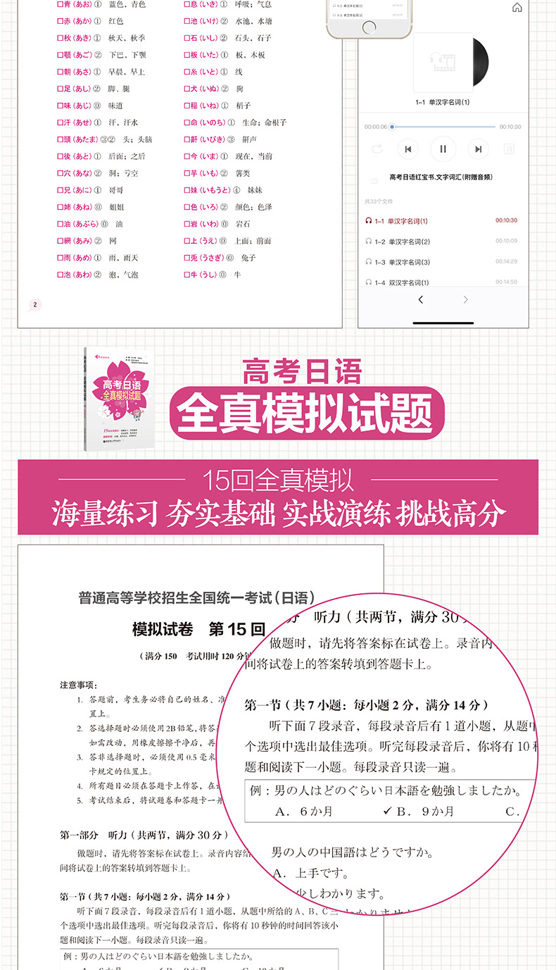 高考日语红宝书 文字词汇 附赠音频 高中通用日语小语种高考总复习 历年真题模拟测试考纲词汇精讲 高考日语自学辅导总复习