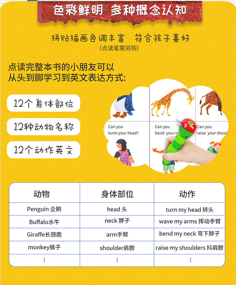 【点读版】凯迪克图书 从头动到脚 from head to toe 从头到脚英文绘本儿童启蒙原版书 Eric Carle艾瑞卡尔爷爷 吴敏兰推荐书单