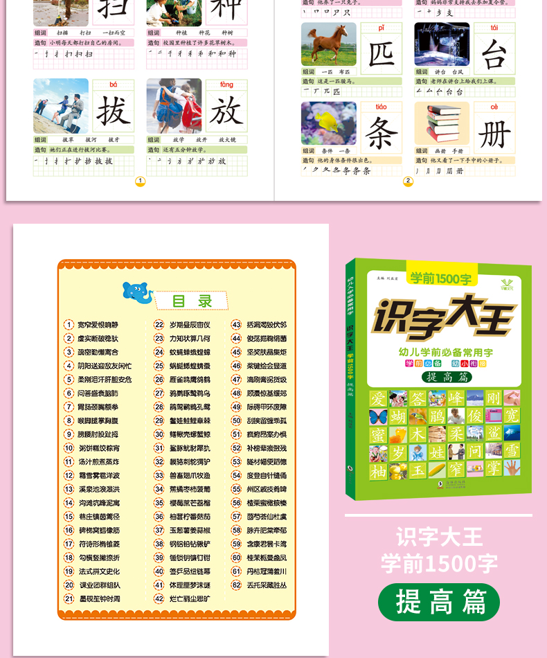 学前1500字 4册幼儿童看图识字大王书籍0-3-6岁学龄前拼音幼儿园基础启蒙认知早教卡片一年级