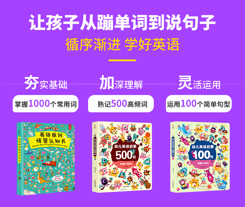英语单词情景认知书+幼儿启蒙英语500词+英语启蒙100句 全套3册儿童英文早教有声绘本 幼儿园宝宝学英语教材读物大书3-5-6岁双语