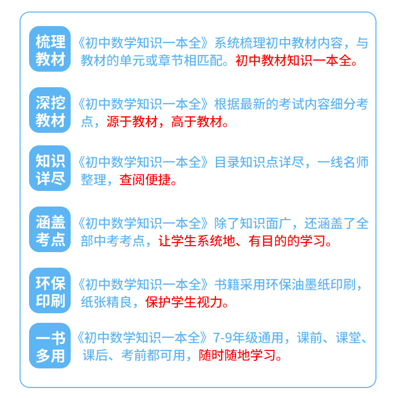 正版初中数学知识一本全 适用7-9年级初中数学知识大全初一初二初三七八九年级数学初中考复习资料教辅辅导书中学数学公式定理题库