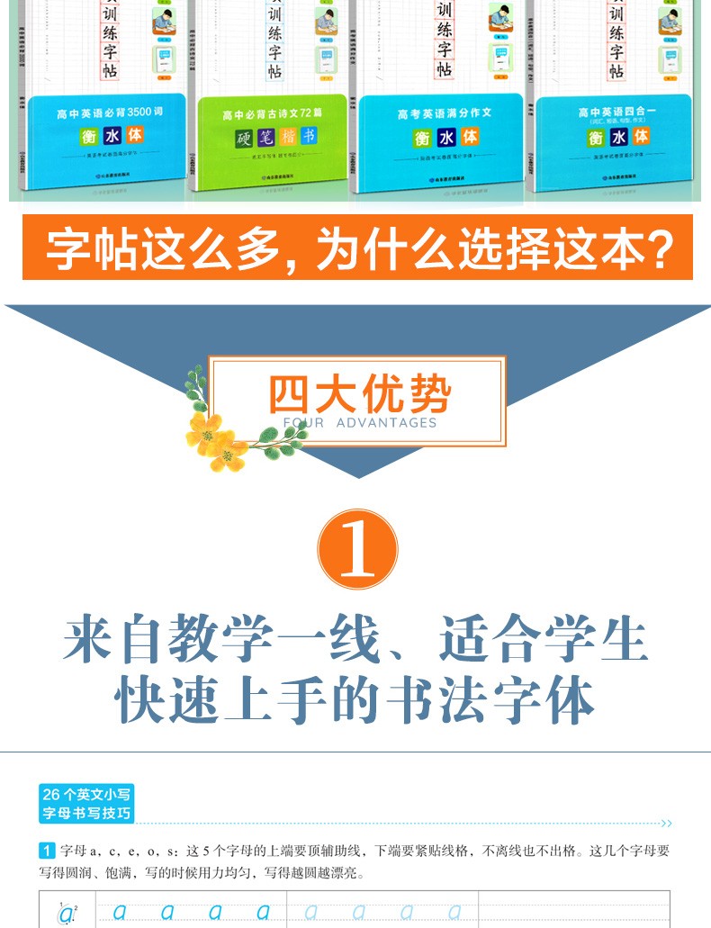 衡水体专项训练字帖【高中四册套装】高中必背古诗文72篇+高中英语四合一+高考英语满分作文+高中单词