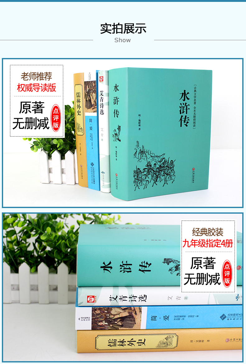 九上必读书目全套4册 艾青诗选正版原著 水浒传简爱和儒林外史九年级必读 初三上册下册必读名著初中生课外阅读课外书爱青艾清诗集