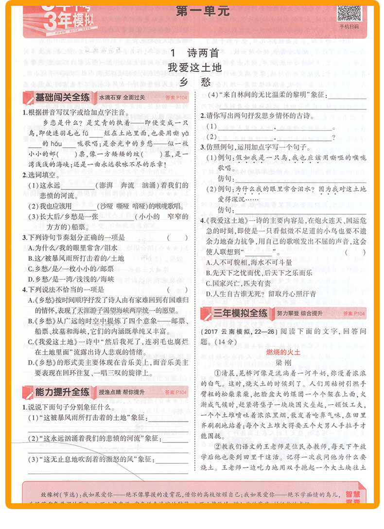 五年中考三年模拟九年级下册语文人教版 曲一线初三53中考专项训练阅读真题 9年级课本教材全解全练同步练习中考必刷题
