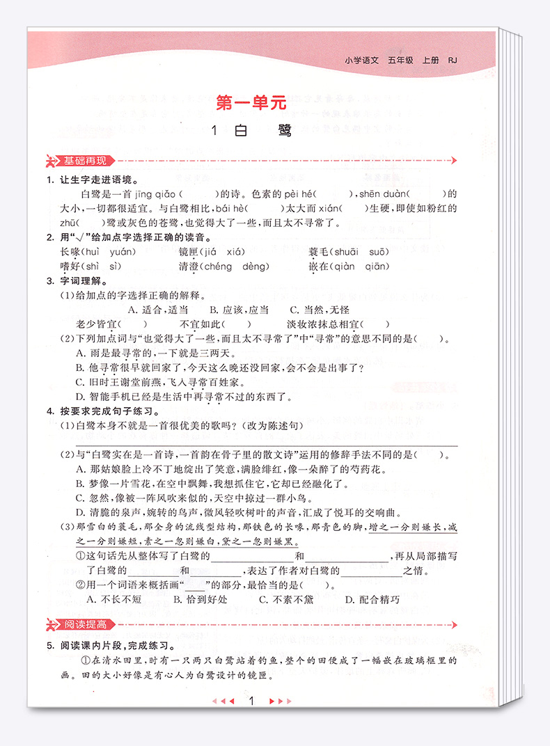 2020新版 53天天练小学语文五年级上册人教版 5年级上试卷同步辅导训练练习册 五三5.3课时单元期末测试卷题教辅书曲一线