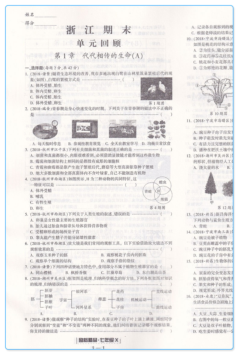2020新版 浙江期末七年级下册科学浙教版 励耘书业 初中初一7年级下浙江省各地期末试卷精选 总复习同步训练考试卷子模拟卷测试卷