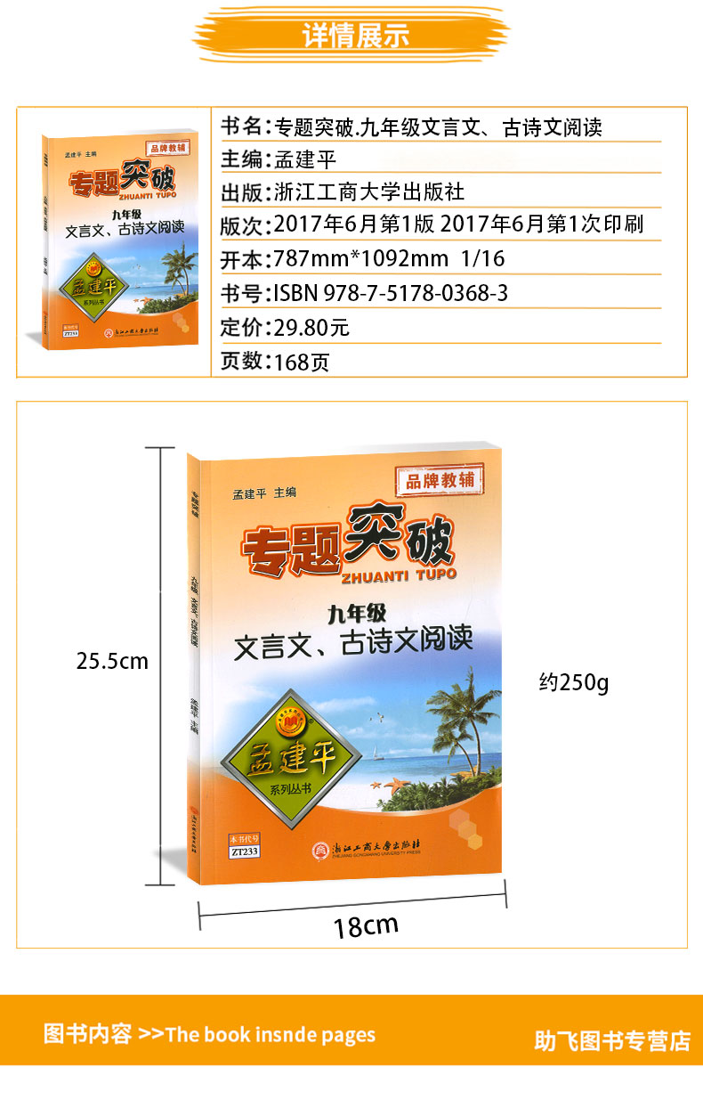 ZT233 包邮 孟建平 专题突破 九年级/9年级 文言文、古诗文阅读 初三上册下册通用同步课本练习总复习资料分类训练 品牌教辅
