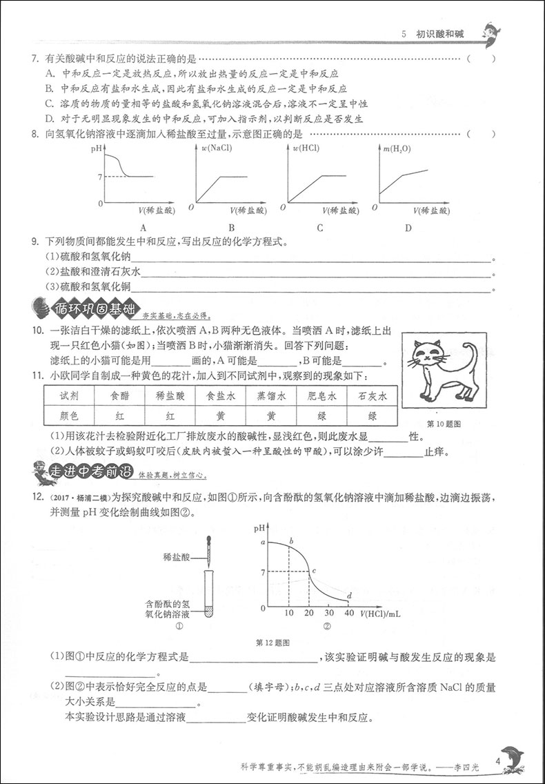 2020版 现货 实验班提优训练 化学 9年级下/九年级下册 SHJY中学教辅资料辅导初中同步课时作业练习册九下 含答案 春雨教育