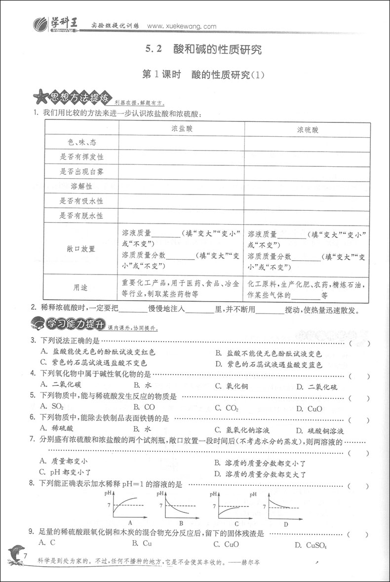 2020版 现货 实验班提优训练 化学 9年级下/九年级下册 SHJY中学教辅资料辅导初中同步课时作业练习册九下 含答案 春雨教育