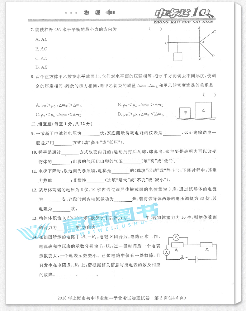 正版现货 新版 2020年中考这十年 物理 上海社会科学院出版社 2019-2010上海市中考十年试卷汇编 历年真题模拟卷权威精编复习提高
