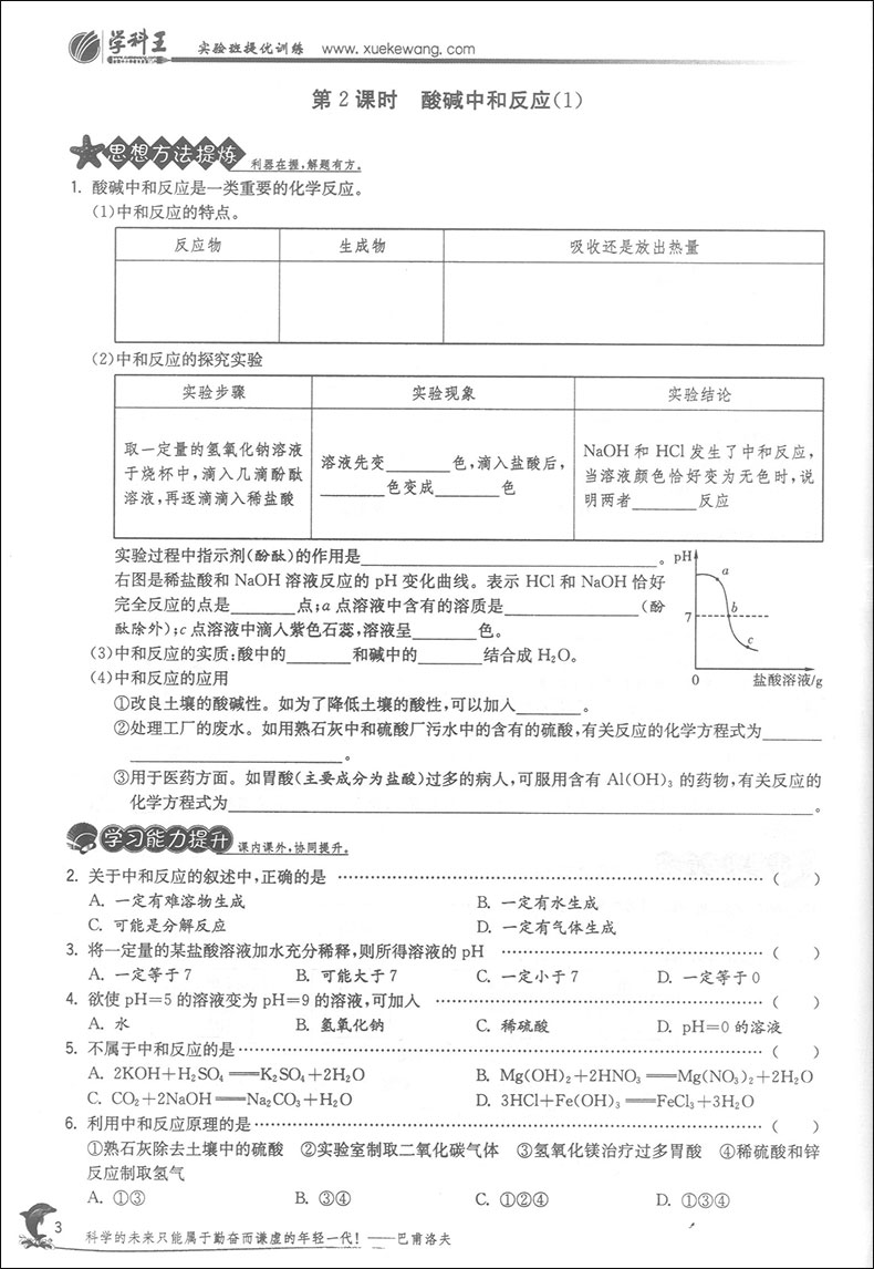 2020版 现货 实验班提优训练 化学 9年级下/九年级下册 SHJY中学教辅资料辅导初中同步课时作业练习册九下 含答案 春雨教育