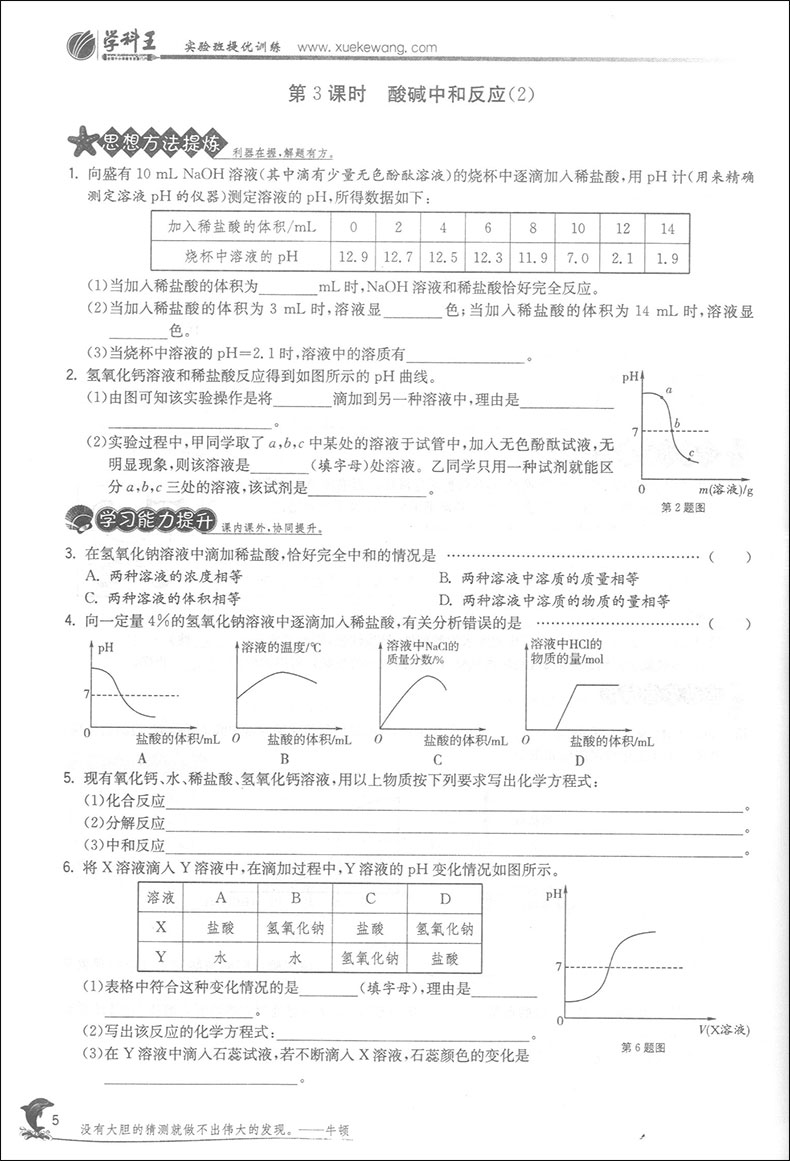2020版 现货 实验班提优训练 化学 9年级下/九年级下册 SHJY中学教辅资料辅导初中同步课时作业练习册九下 含答案 春雨教育