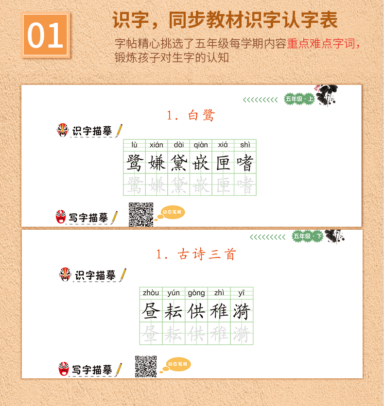 2020版小学五年级控笔训练描红字帖 上册下册汉字偏旁部首笔画人教版部编5年级教材同步训练初学者写字硬笔书法练习册看拼音写词语