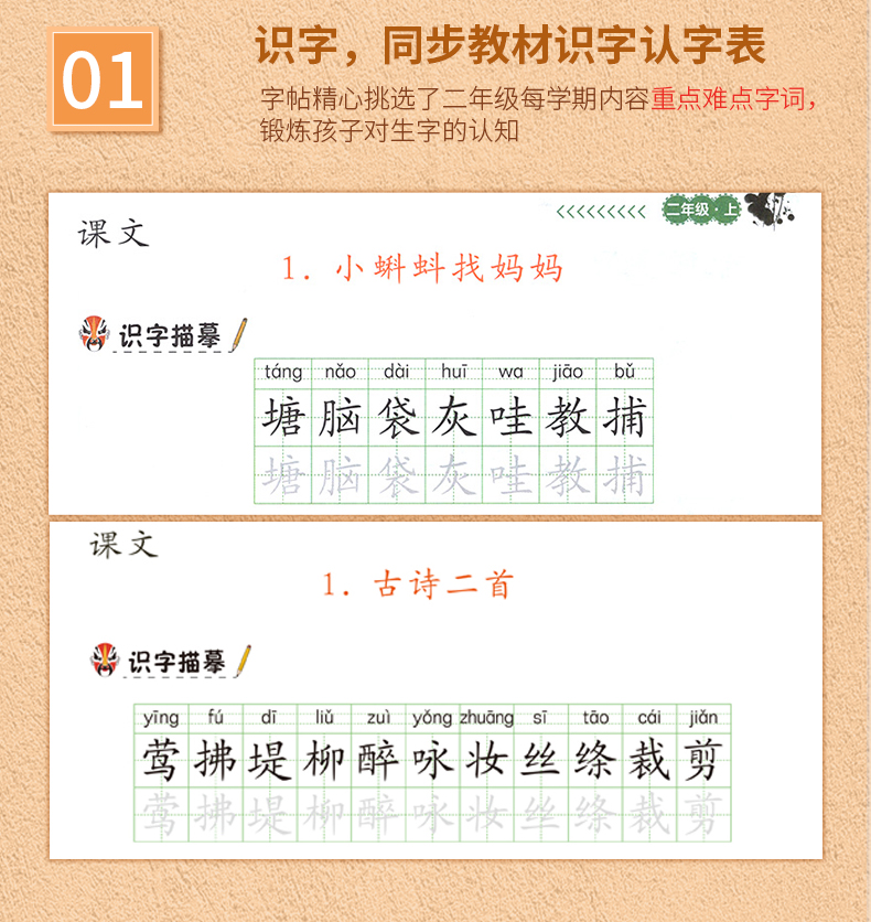 2020版小学二年级控笔训练描红字帖 上册下册汉字偏旁部首笔画人教版部编2年级教材同步训练初学者写字硬笔书法练习册看拼音写词语
