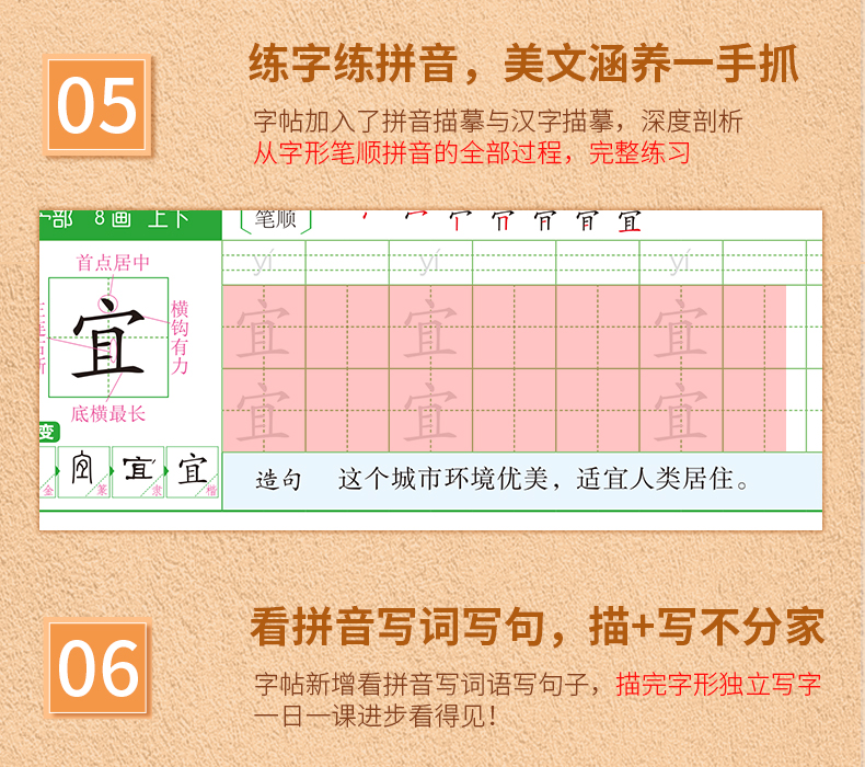 2020版小学五年级控笔训练描红字帖 上册下册汉字偏旁部首笔画人教版部编5年级教材同步训练初学者写字硬笔书法练习册看拼音写词语