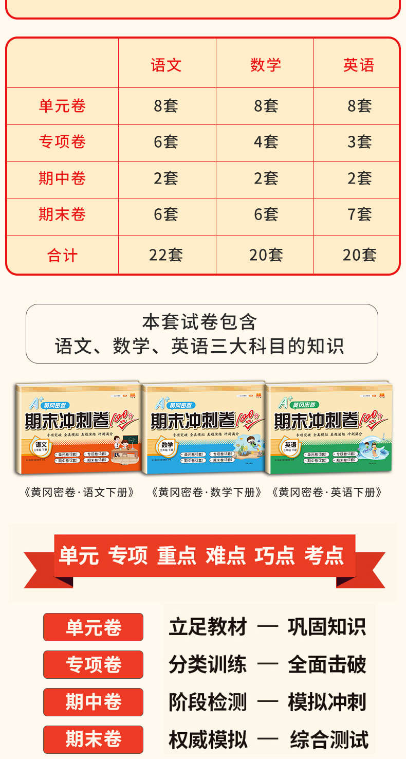 汉之简/2020新版期末冲刺100分三年级下册语文数学英语人教版 部编小学三年级下册试卷测试卷全套黄冈密卷同步训练总复习练习册题