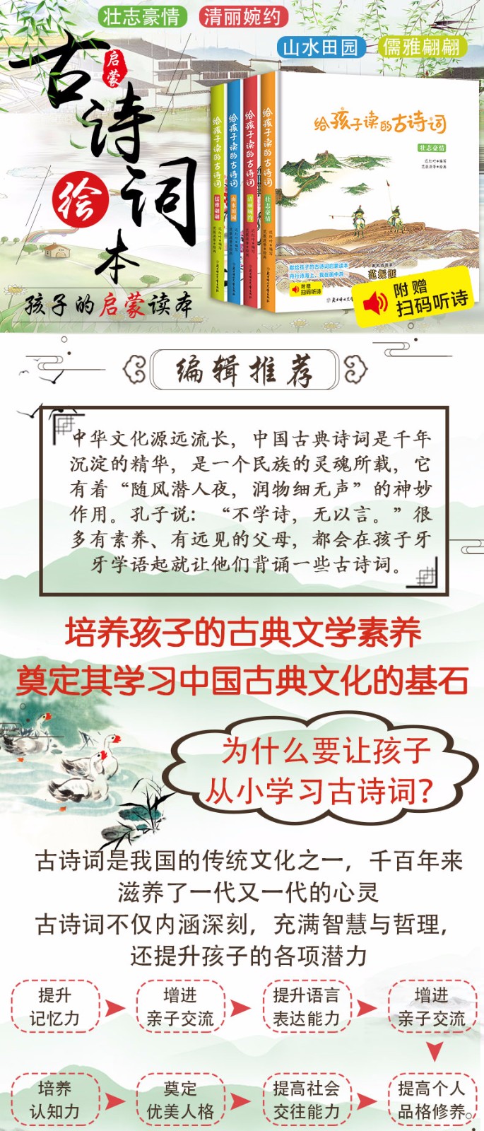 儿童文学古诗词全4册朗读版 精装硬壳绘小学生必读古诗词三四五六年级课外书读给孩子的古诗词有声读物