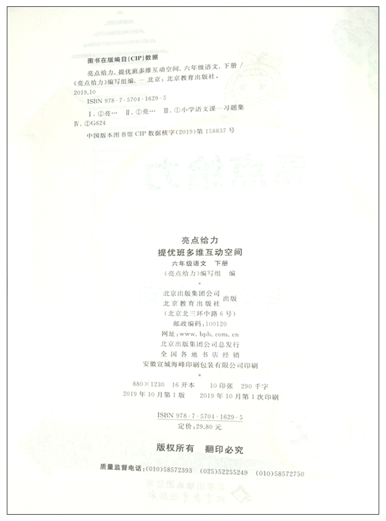 2020春亮点给力提优班多维互动空间语文六年级下册小学语文6年级下册同步教辅资料练习册习题集学生资料书JSD