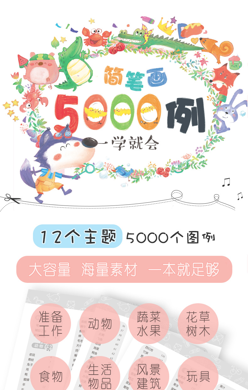 儿童简笔画大全5000例 手绘本幼儿园绘画入门教程0-3-6岁幼儿学画画教材书绘画早教启蒙亲子互动小学生兴趣涂色绘画益智专注力训练