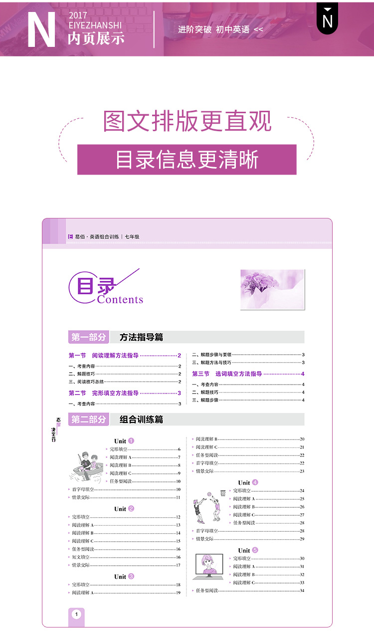 2020易佰图书七年级进阶突破初中英语完形填空与阅读理解+组合训练168篇初一上下册中学生专项测试