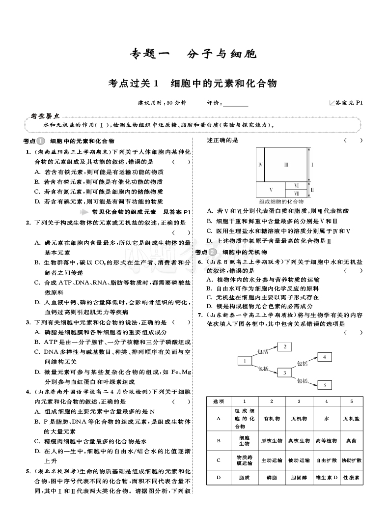 2021版新高考小题狂做基础篇生物新课标2021江苏高考高三一轮生物选择题填空题专项训练恩波教育辅导