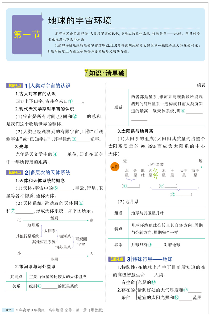 【配套新教材】曲一线官方正品2021版5年高考3年模拟高中地理必修第一册湘教版 必修1地理全解全练新教材五三高中同步练习册