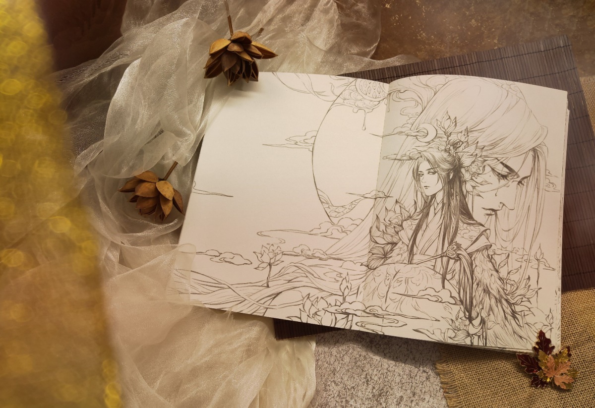 现货送线稿彩稿海报正版间花寻影古戈力手绘线稿填色集扫花寻径作者