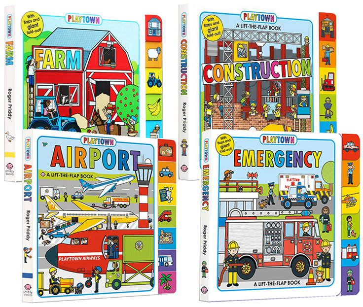 Playtown玩玩镇系列 Farm/Airport/Construction/Playtown Emergency 4册合售 边玩边学 幼儿启蒙绘本童书 纸板翻翻书 交通工具