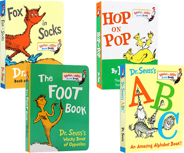 英文原版 Dr Seuss ABC/Fox in Socks/The Foot Book/Hop on Pop 廖彩杏书单 苏斯博士4册 纸板书 儿童英文启蒙韵文绘本