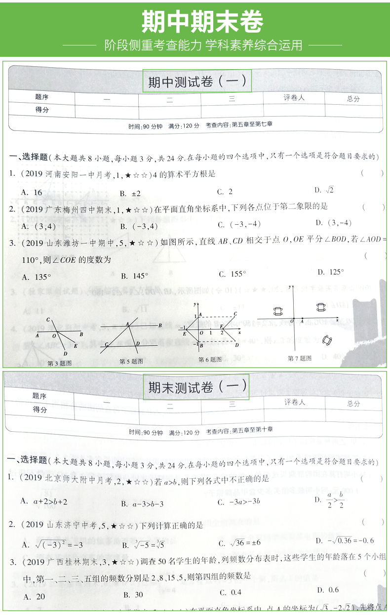 2020新版 曲一线五年中考三年模拟七年级数学下册试卷人教版 初中试卷5年中考3年模拟七下数学五三同步中考单元专项期中期末测试卷
