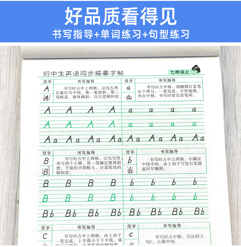 初中生英语字帖7七年级上册 人教版中学生同步写字课课练 龙文井成人钢笔临摹斜体楷书硬笔书法练字 初一练习册可搭教材全解下册