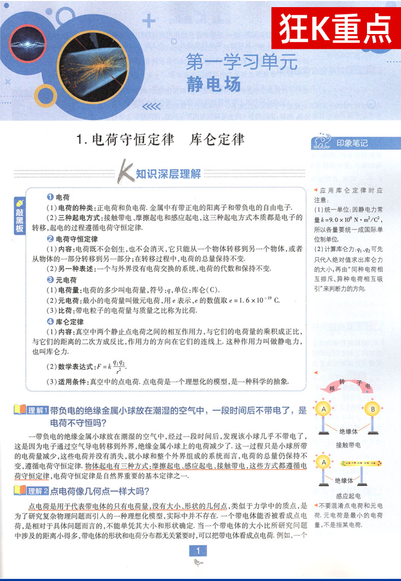 2021新版高中必刷题物理高二选修3-1 教科版JK高2配阅全彩版狂K重点知识讲解 理想树67高考系列高中同步学习资料2020 电荷守恒定律