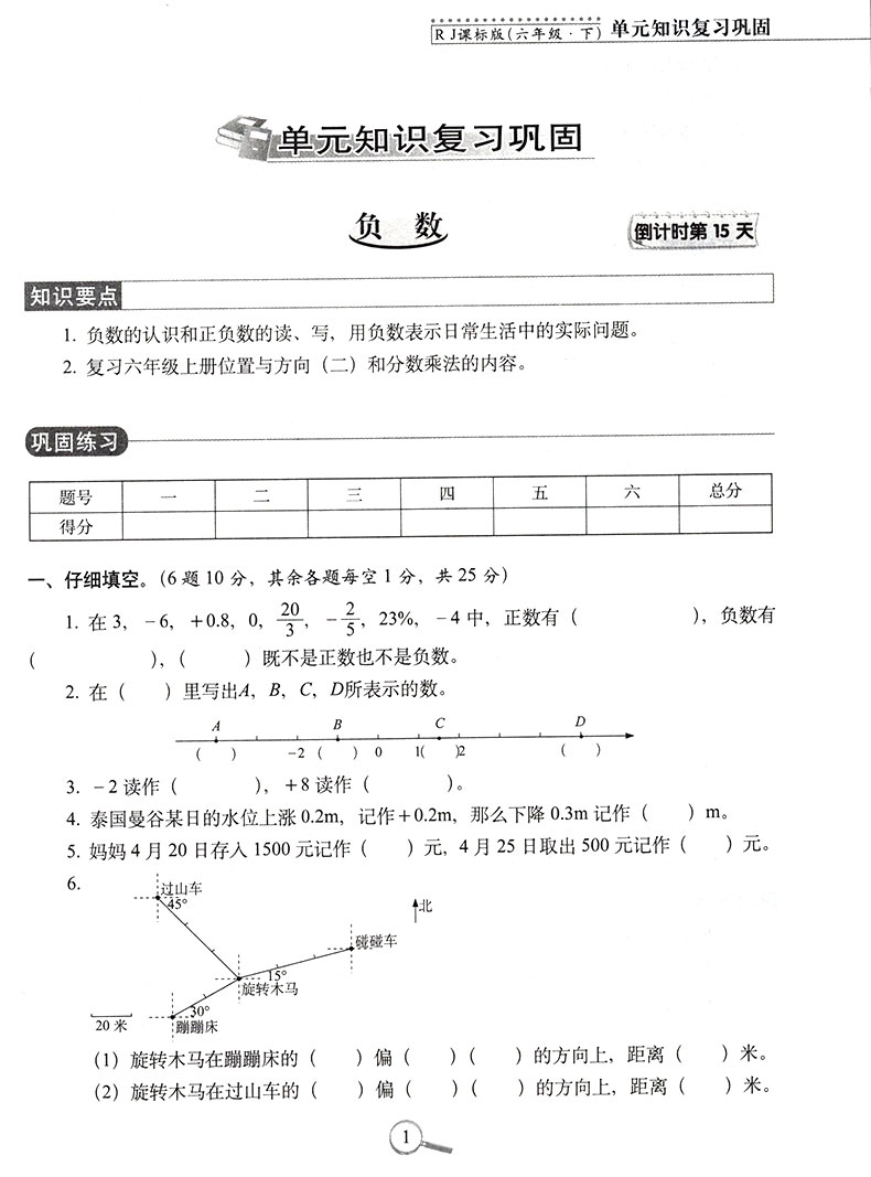 15天巧夺100分小学数学六年级下册数学同步练习册 RJ课标版人教版 6年级数学下单元阶段期中期末冲刺试卷练习题资料68所名校复习法