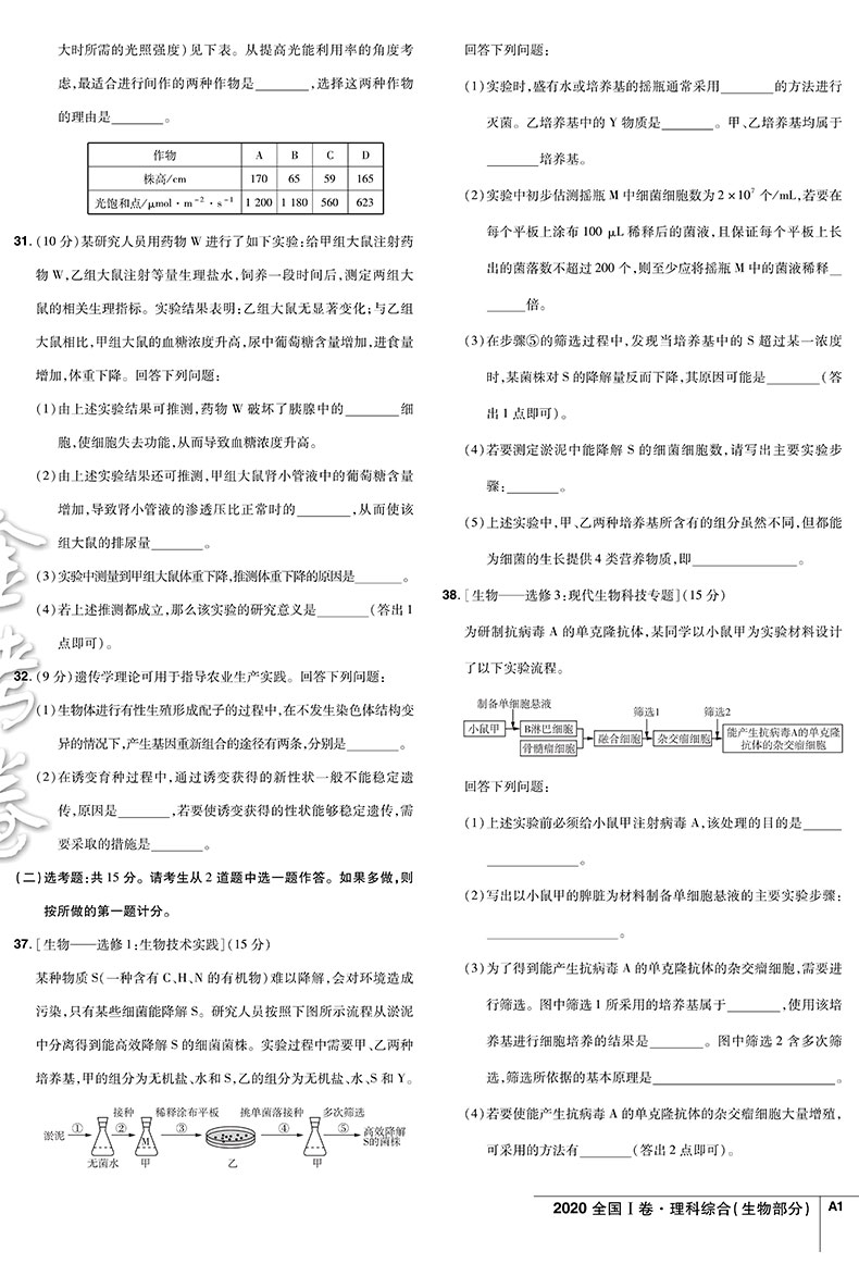 天星教育金考卷特快专递第1期生物 2020年全国各省市高考试题汇编生物 2021高考 2020年高考真题资料高三总复习高考复习题原题详解