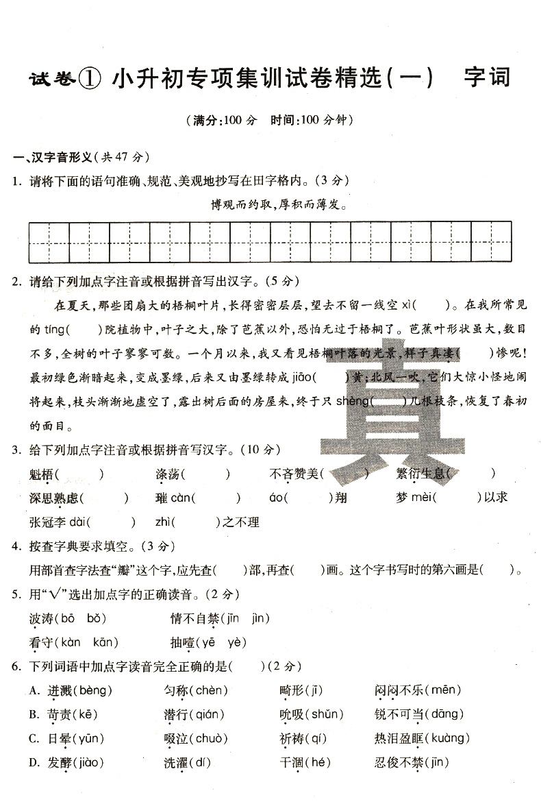 2020小考资料小学毕业升学名校招生真卷精选语文 小升初专项集训试卷答案详解与点拨 六年级百校联盟冲刺名校阅读理解与作文测试卷