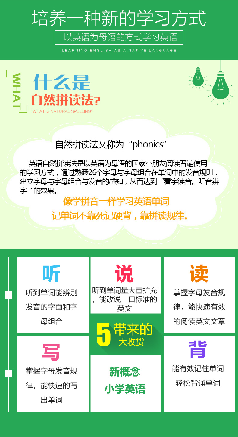 【附CD光盘】新概念小学英语自然拼读法自然拼读英语教材phonics练习册青少版快乐学英语速成少儿幼儿培训全套教程儿童入门书籍