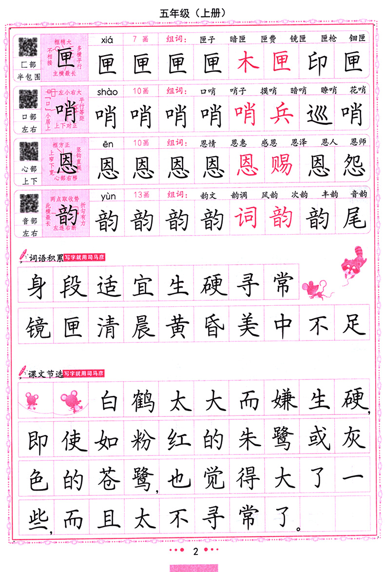 司马彦字帖写字课课练五年级上册 部编人教版 小学生语文字词句同步训练笔画偏旁部首结构练习册楷行书笔画笔顺临摹练字帖每日一练