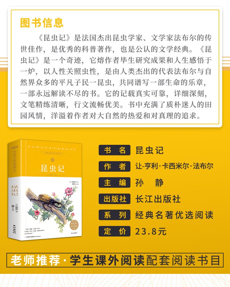 昆虫记 学生课外世界文学名著精读丛书 非注音青少版 法布尔 科普青无障碍阅读文学故事阅读书籍 少儿童书籍初中生课外必读物 正版