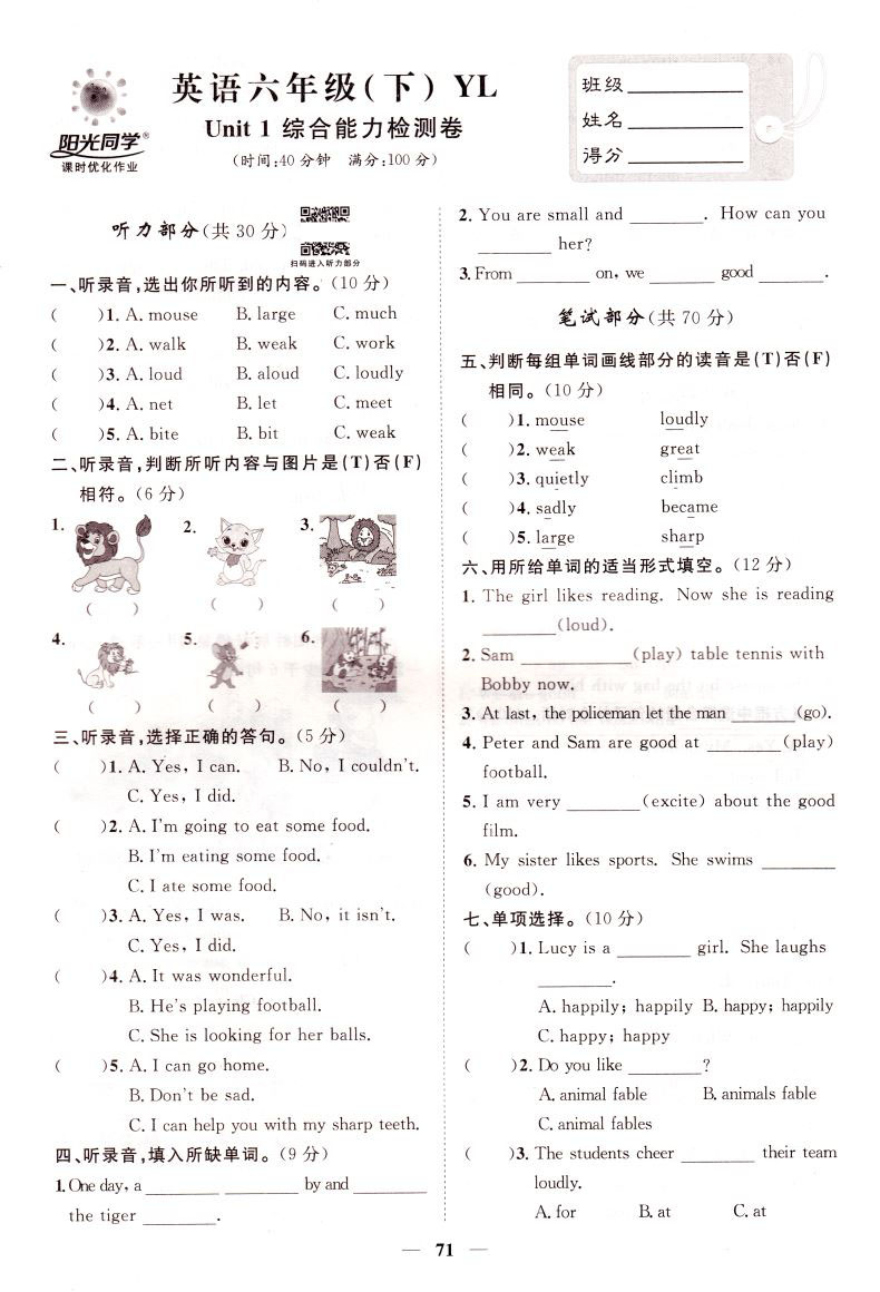 2021版阳光同学课时优化作业英语六年级6年级下册译林版YL 小学六年级英语课时练习 英语同步课堂练习册小学英语知识梳理赠一