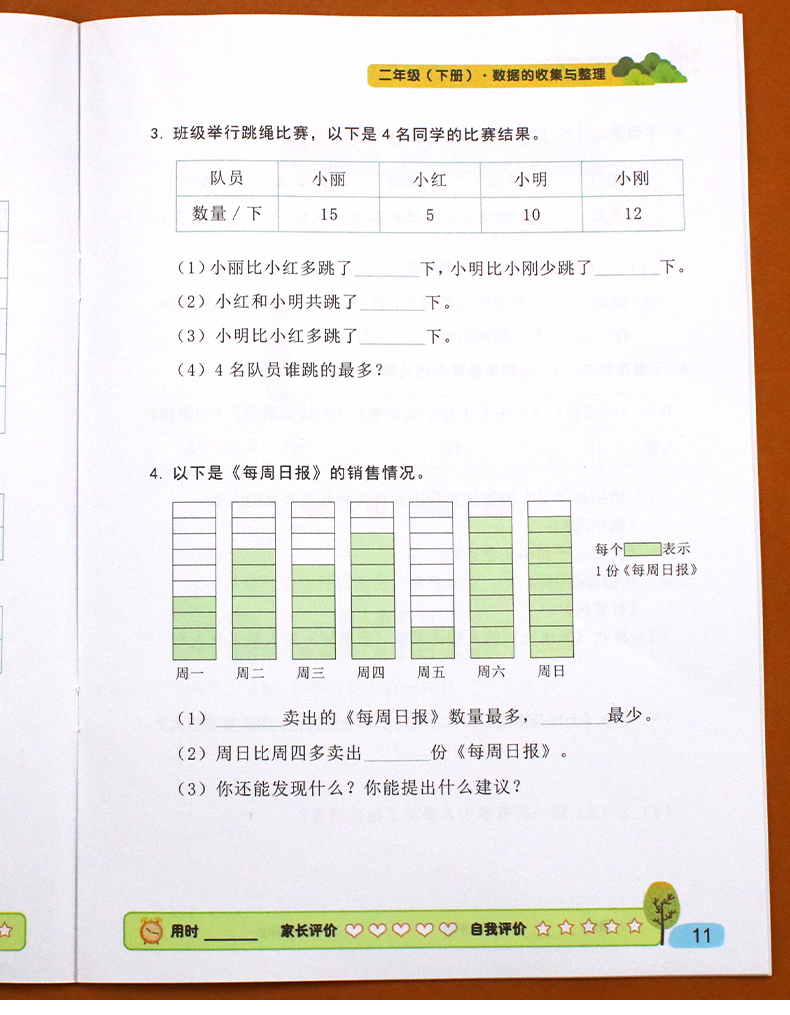 二年级下册数学计算小帮手数据的收集与整理专题专项同步训练口算应用题卡解决问题天天练数据统计收集整理填空练习辅导班教材用书