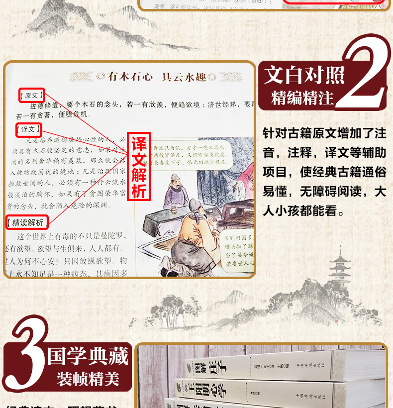 【全彩图解】菜根谭+道德经+鬼谷子 3册 菜根谭全集 洪应明 国学经典套装 了凡四训 中国古典哲学书
