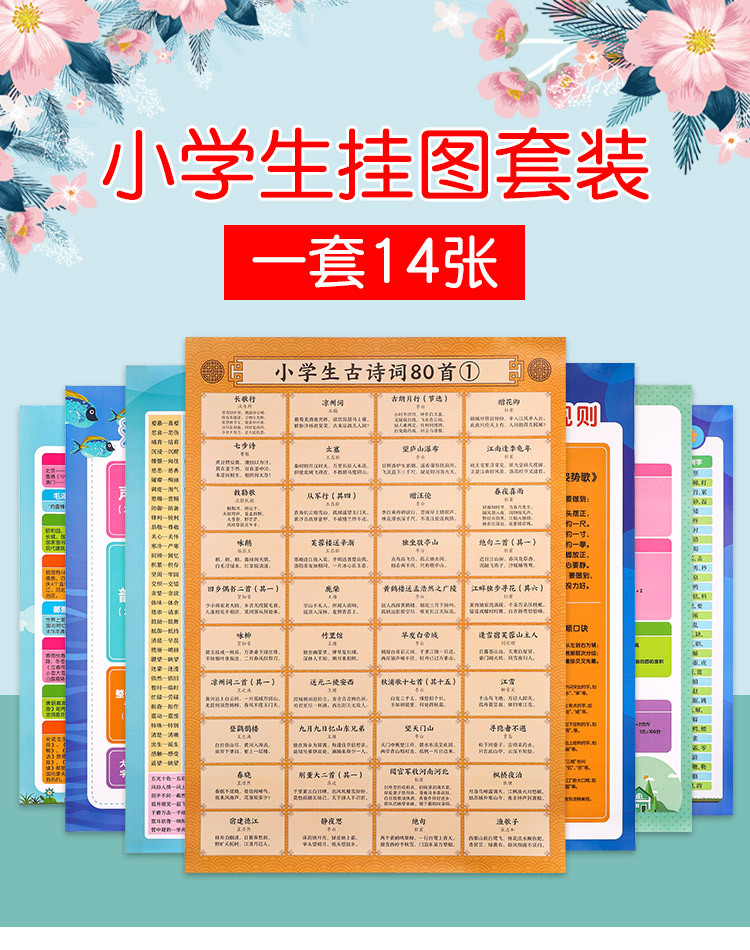全14张小学教辅挂图3-6-12岁声母拼音字母故事成语乘法口诀表