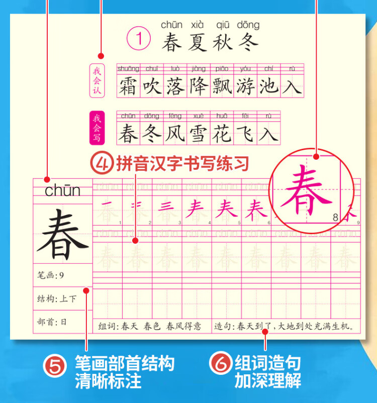 《一年级下册字帖 2023春季跟着课文写汉字同步课本小学语文描红笔画练字帖偏旁部首结构铅笔临摹硬笔书法基础练字规范书写》