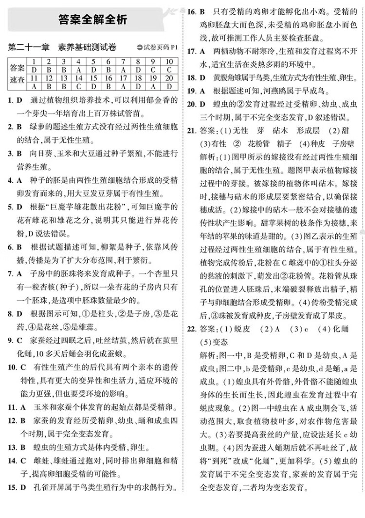 《曲一线 53初中同步试卷生物 八年级下册 苏教版 5年中考3年模拟2023版五三》