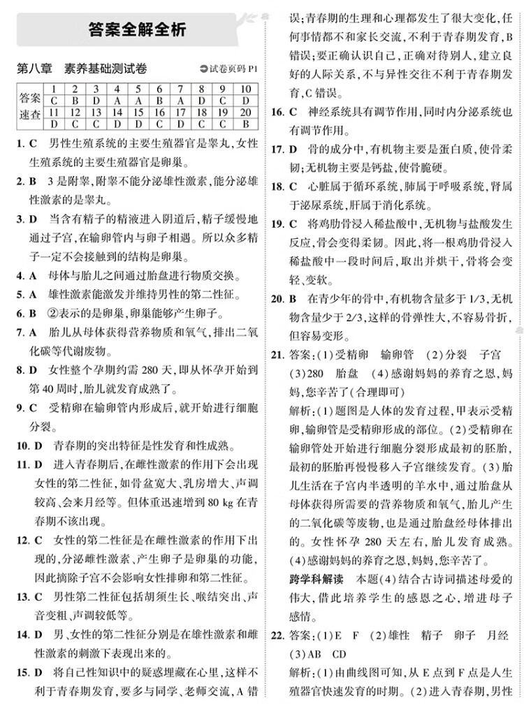 《曲一线 53初中同步试卷生物 七年级下册 苏教版 5年中考3年模拟2023版五三》