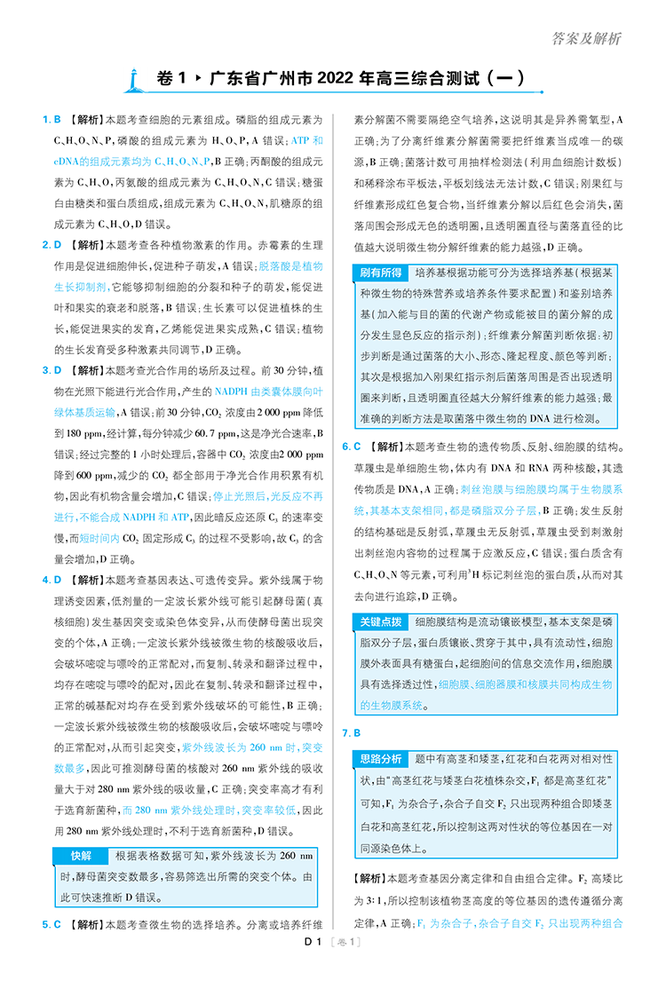 《高考必刷卷42套模拟卷 生物 新高考版 强区名校模拟卷汇编 2023高考适用 理想树》